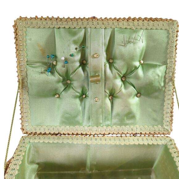 Vintage Woven Sewing Basket with Insert Seafoam Green Satin Lining - Picture 16 of 16
